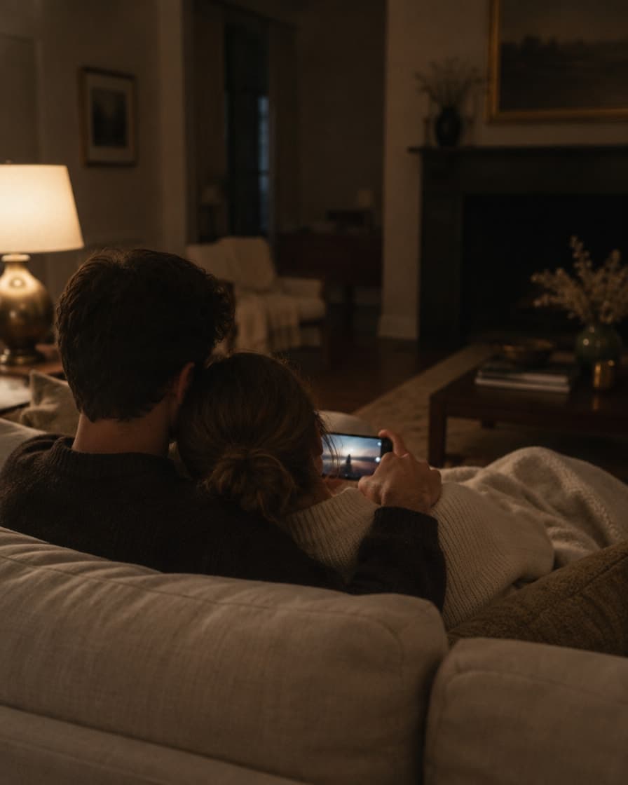 A couple curled up together on a sofa in a dim living room, watching a film on a phone.