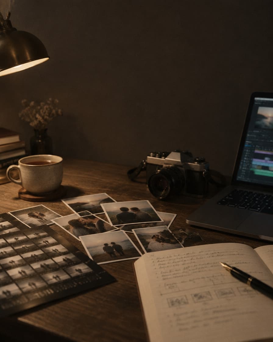 A lamplit desk scattered with printed photos of a couple, a contact sheet, a film camera, a storyboard notebook, and a laptop open to an edit timeline.
