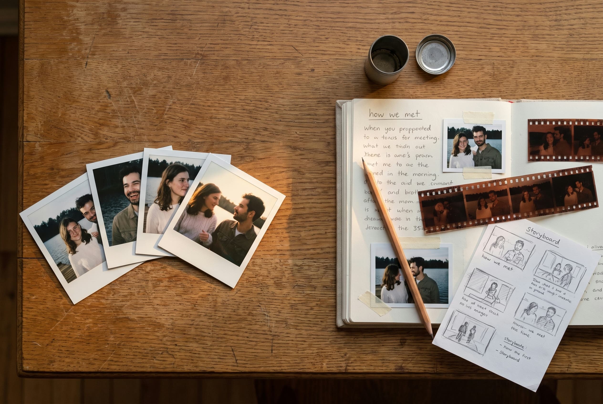 Polaroids of a couple fanned out beside a notebook titled “how we met”, film strips, and a hand-drawn storyboard.