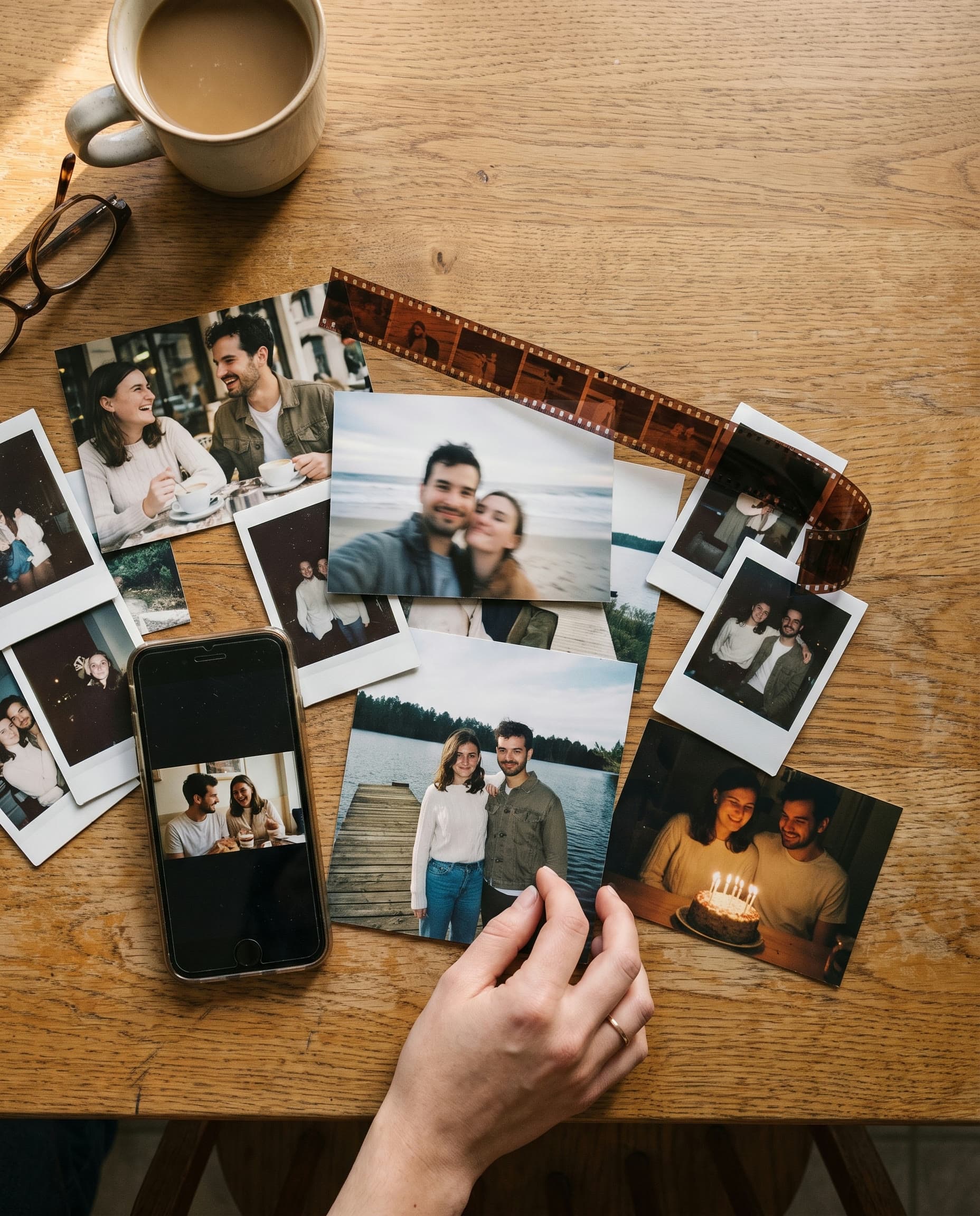 Printed photos and polaroids of a couple scattered across a wooden table beside a coffee mug, a phone, and a strip of film.