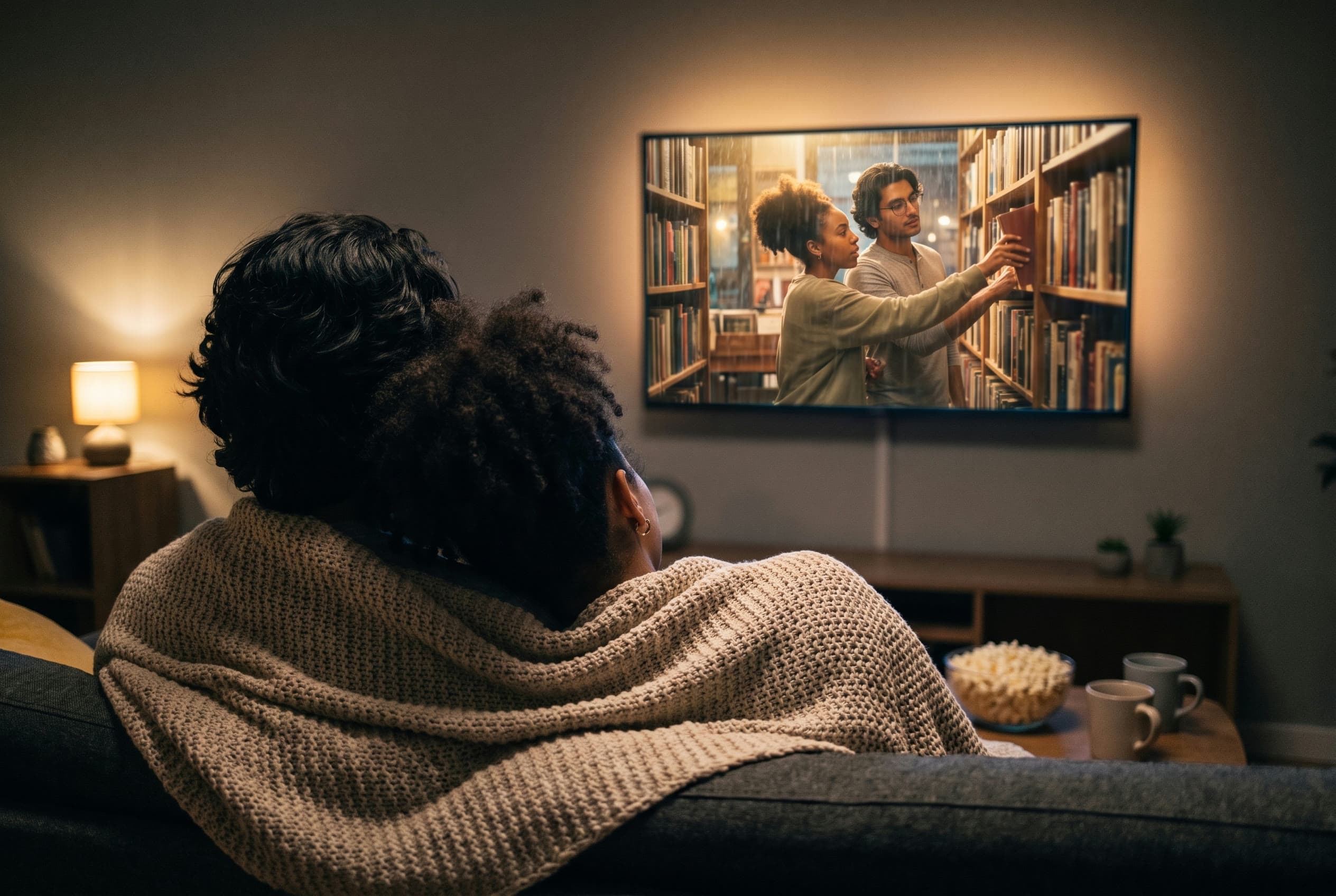 A couple wrapped in a blanket on the sofa, watching their film on the TV.