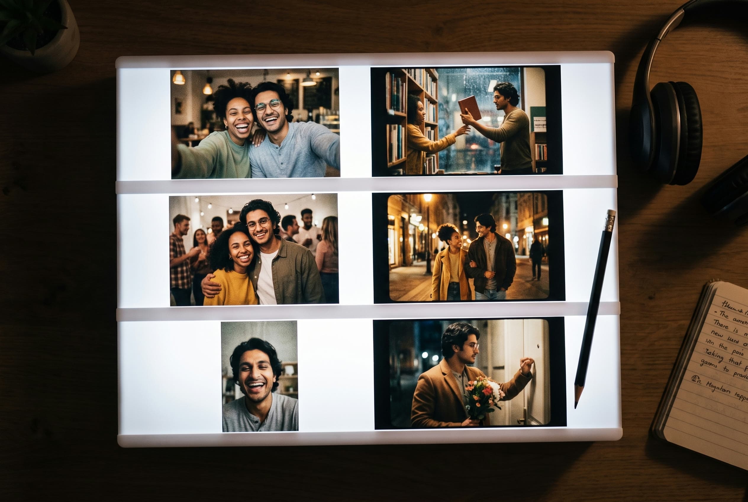 A lightbox laid out with a storyboard of film stills from a couple's story.