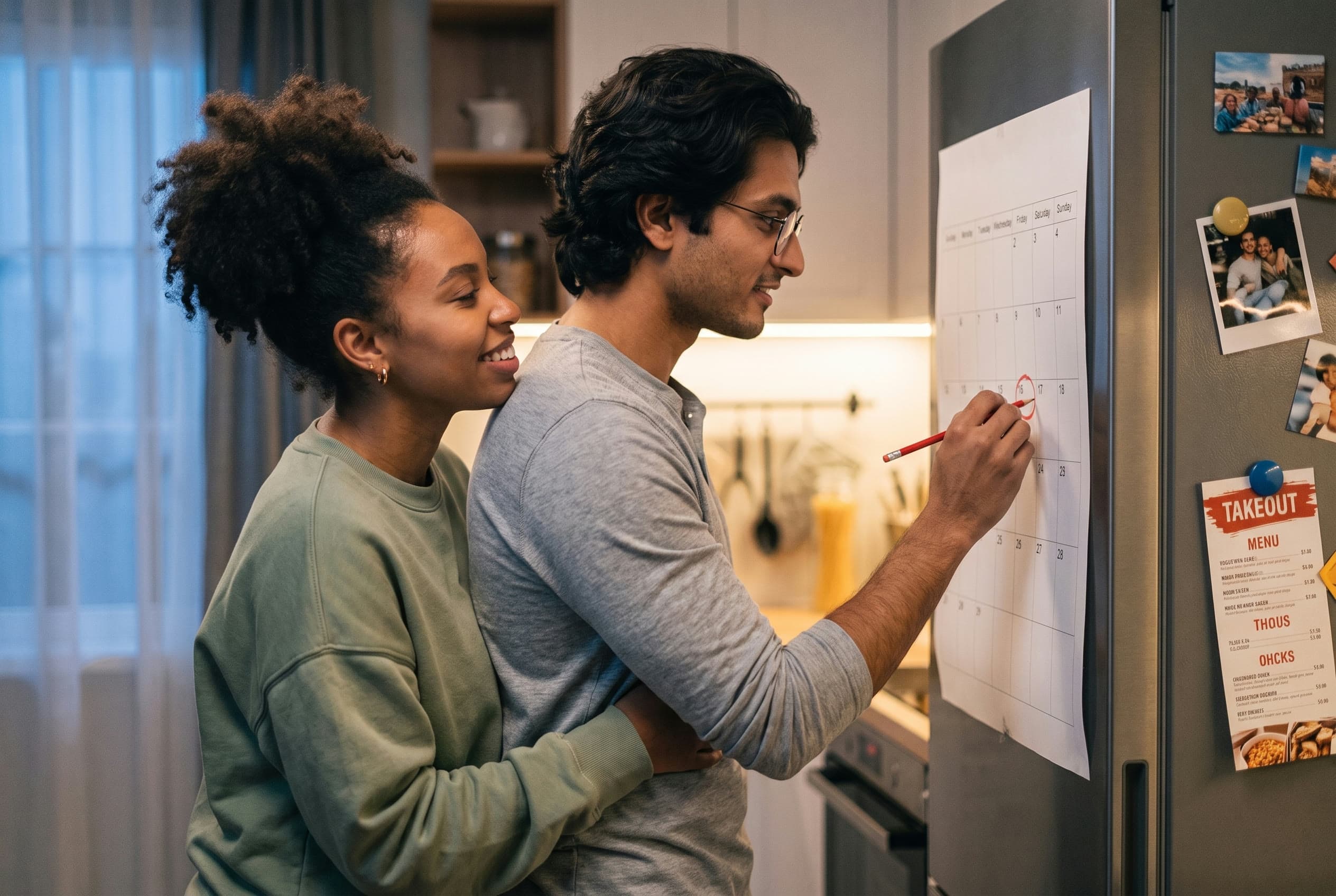 A couple at the fridge, one marking a date on a paper calendar.