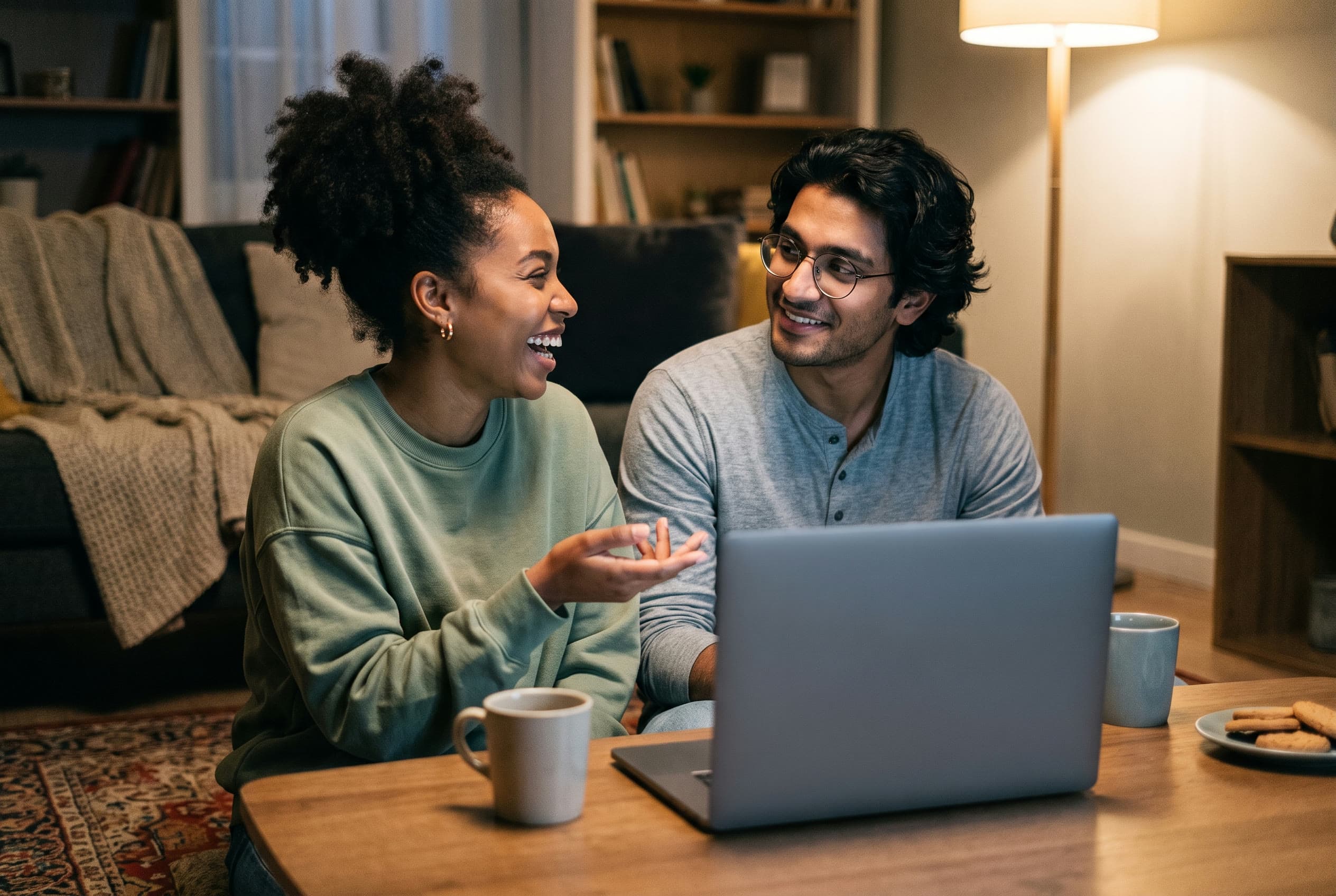 A couple talking and laughing at a laptop on their living-room coffee table.