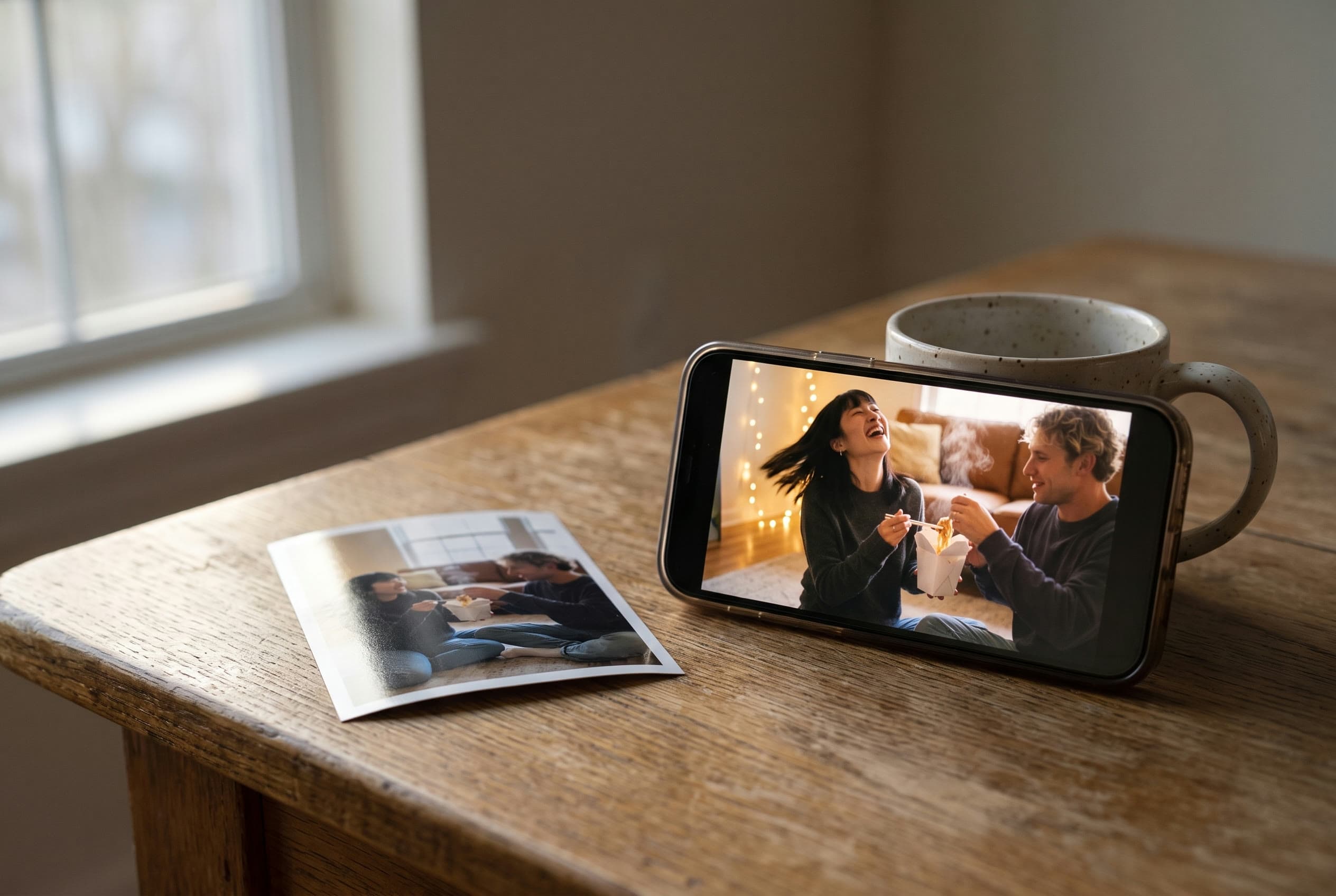 A phone propped against a mug, playing a moving version of a printed photo lying beside it.