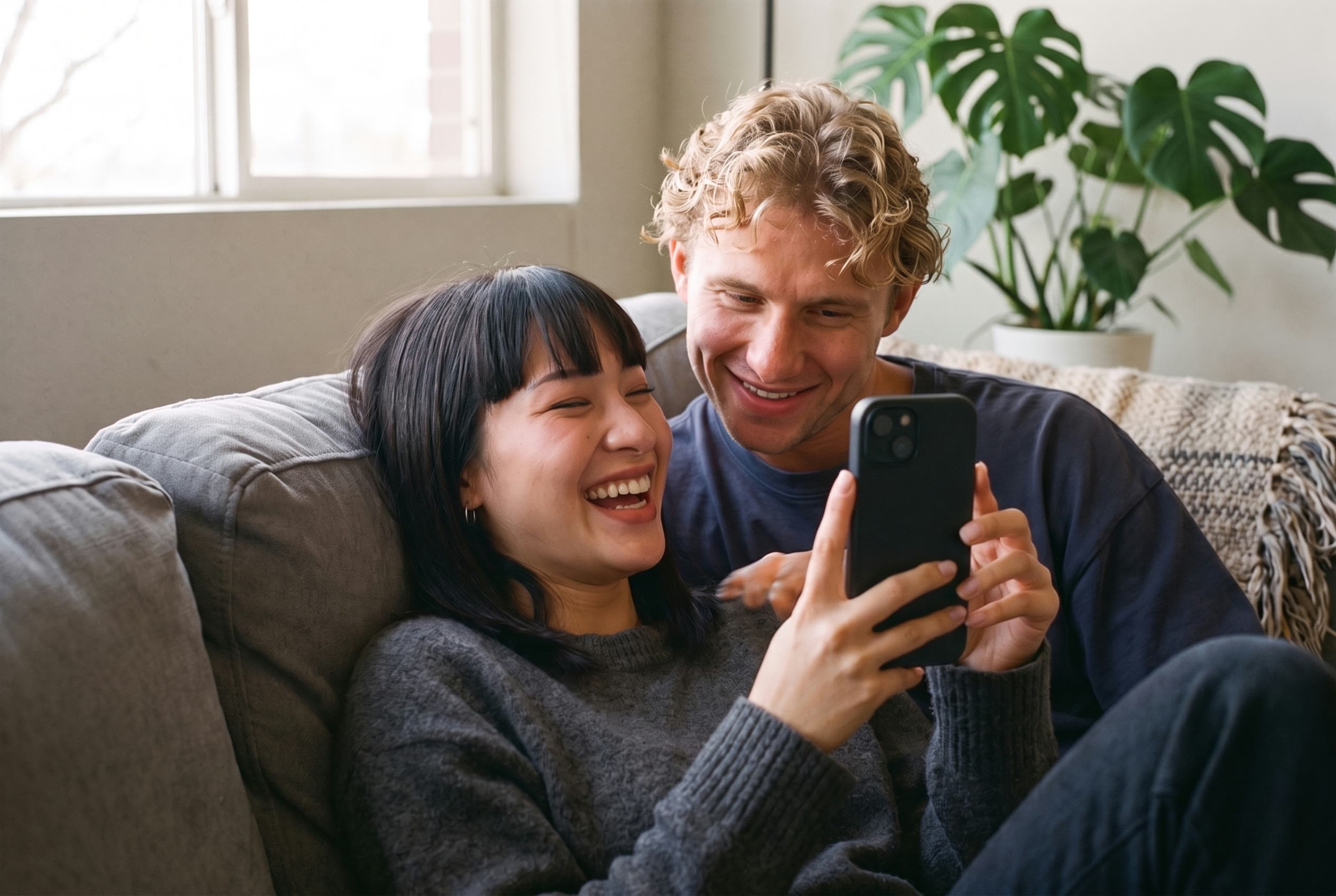 A couple laughing together on a sofa as they watch their gallery on a phone.