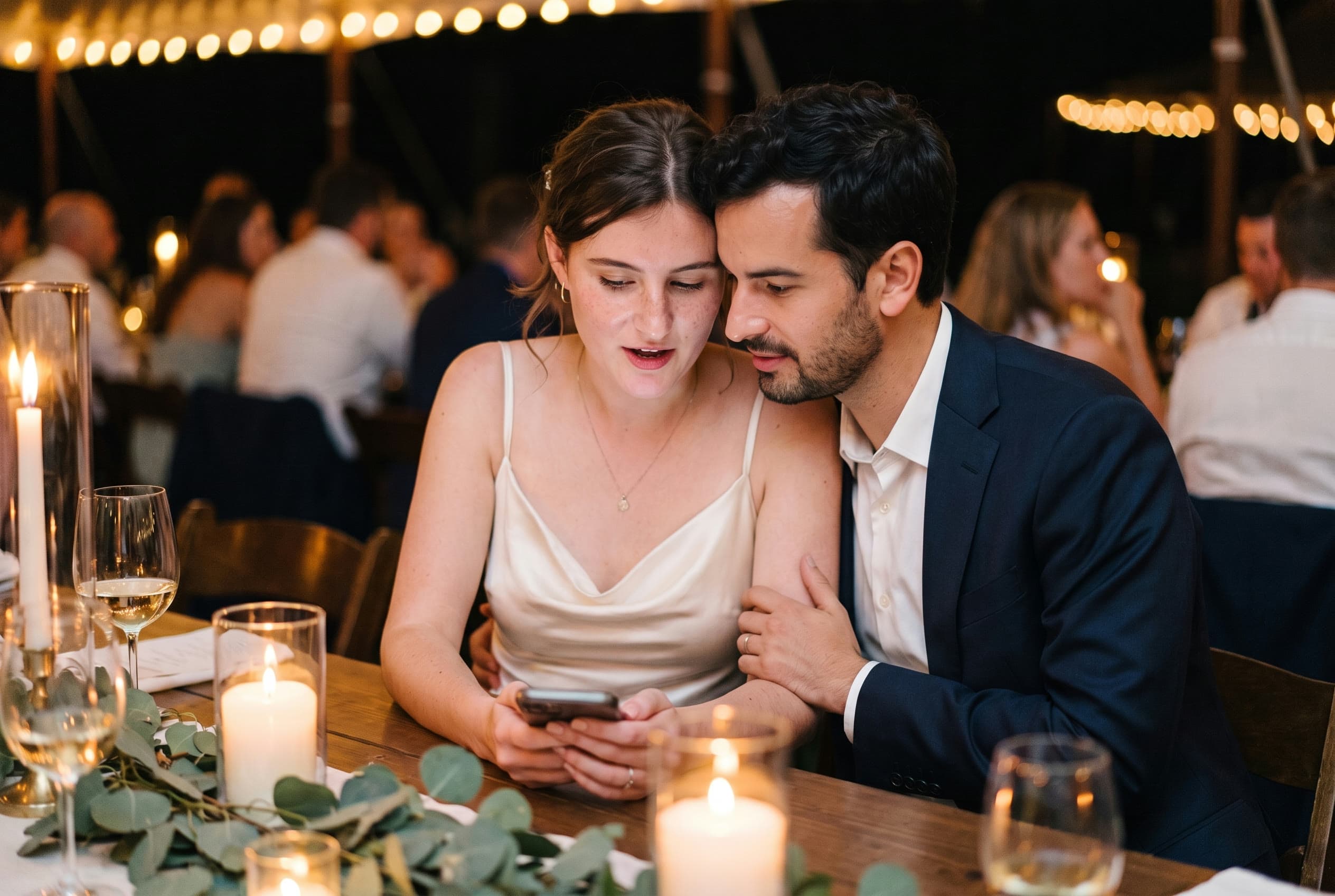 A bride and groom at a candlelit wedding reception, watching something on her phone together.