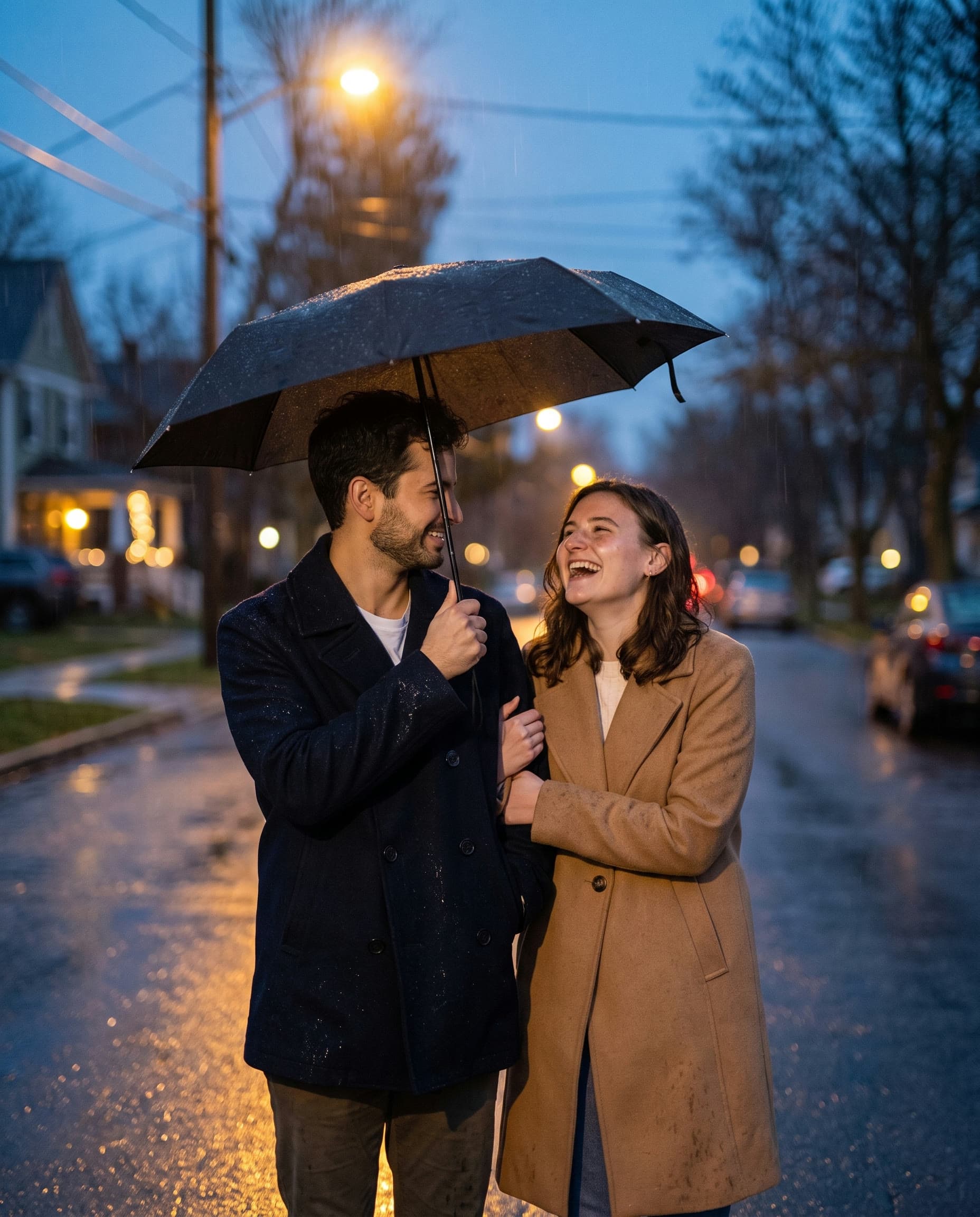 The same couple facing the camera under the umbrella, laughing in the rain.