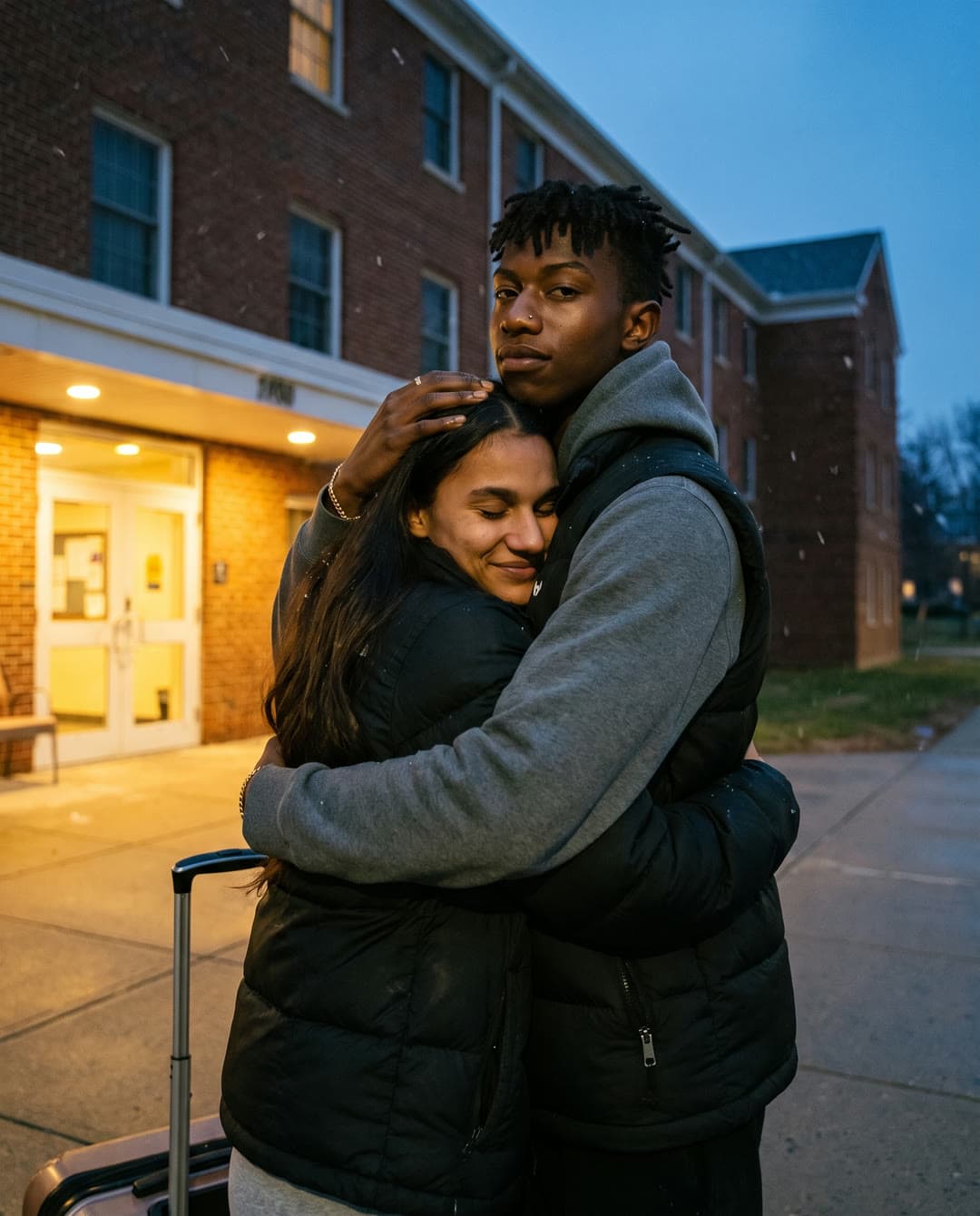 Kavi hugging Ren goodbye outside a brick dorm at dusk, a suitcase beside them.