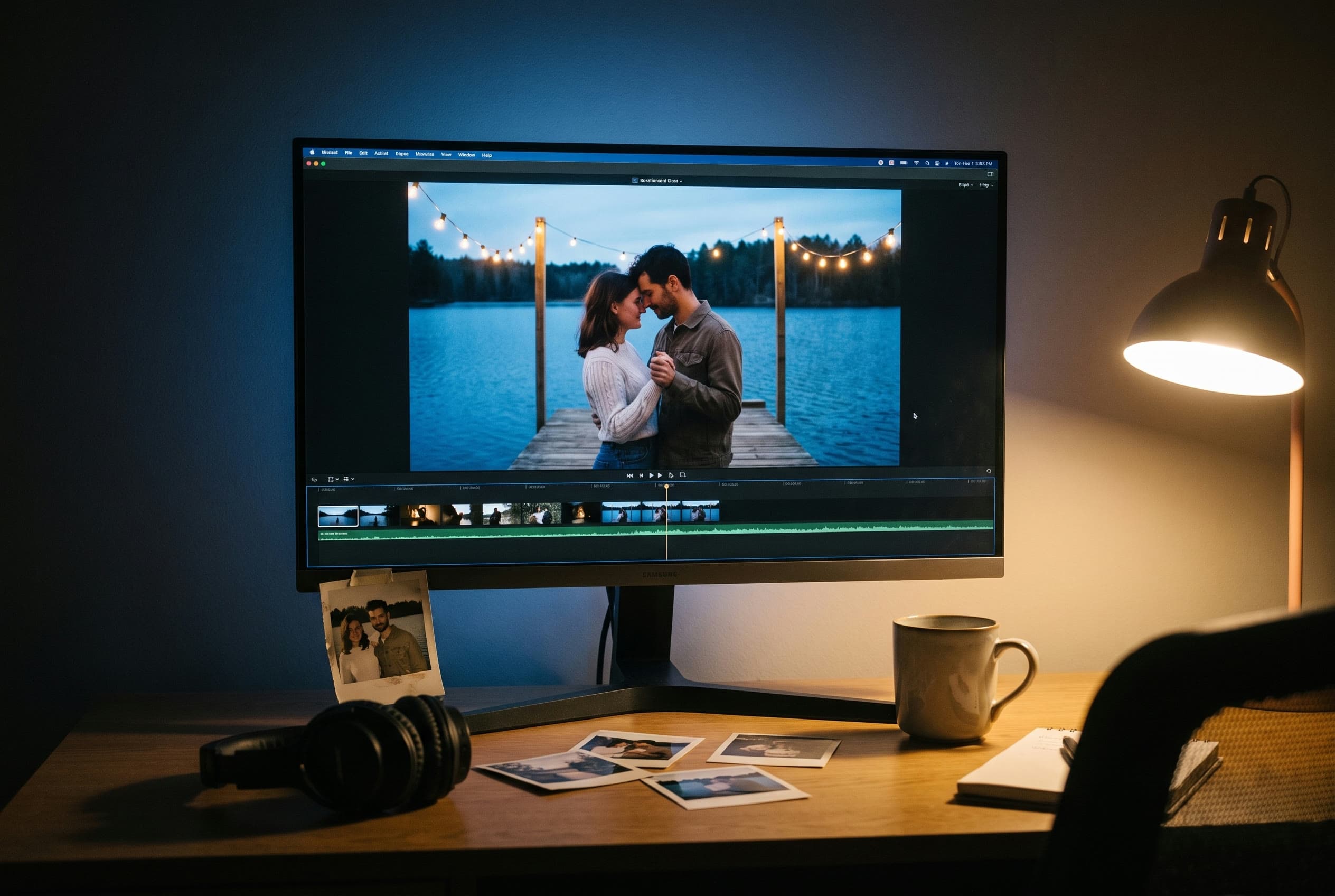 A desk at night with a monitor showing a film edit of a couple on a lakeside dock under string lights.